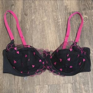 Adore Me Black Balconette Bra 36C | Sheer Mesh & Hot Pink Hearts | Like New